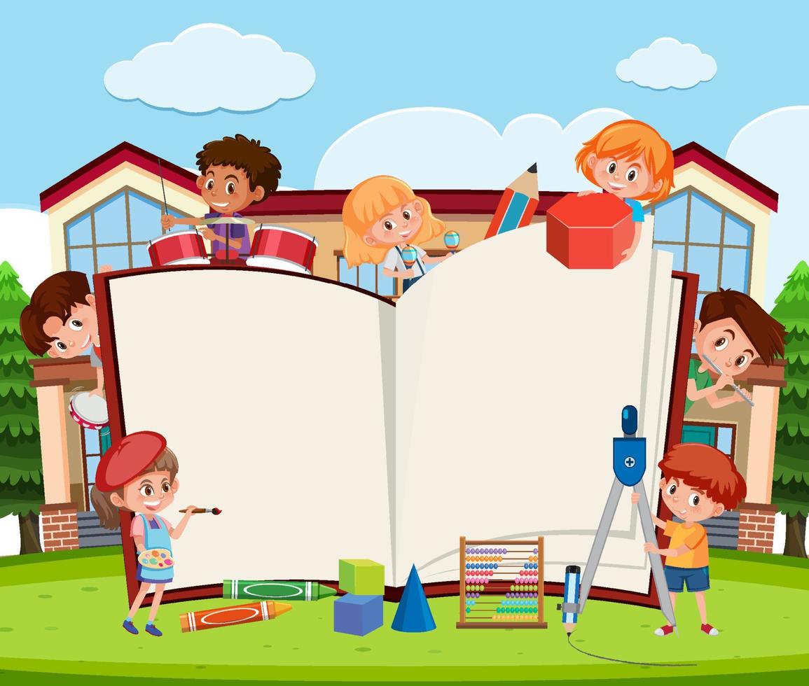 Empty opened book with student kids at school vector