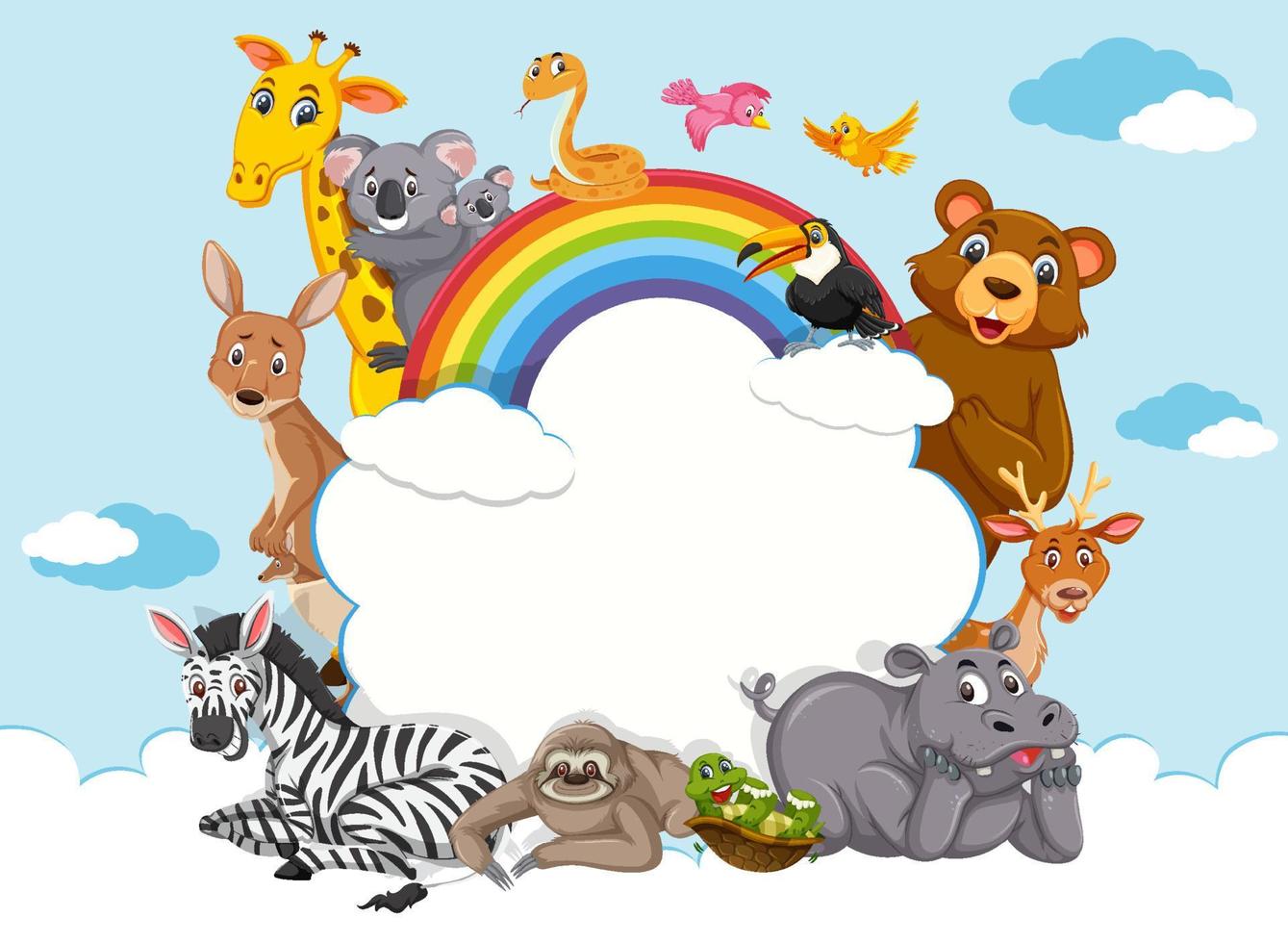 Banner de nube vacía con varios animales salvajes. vector