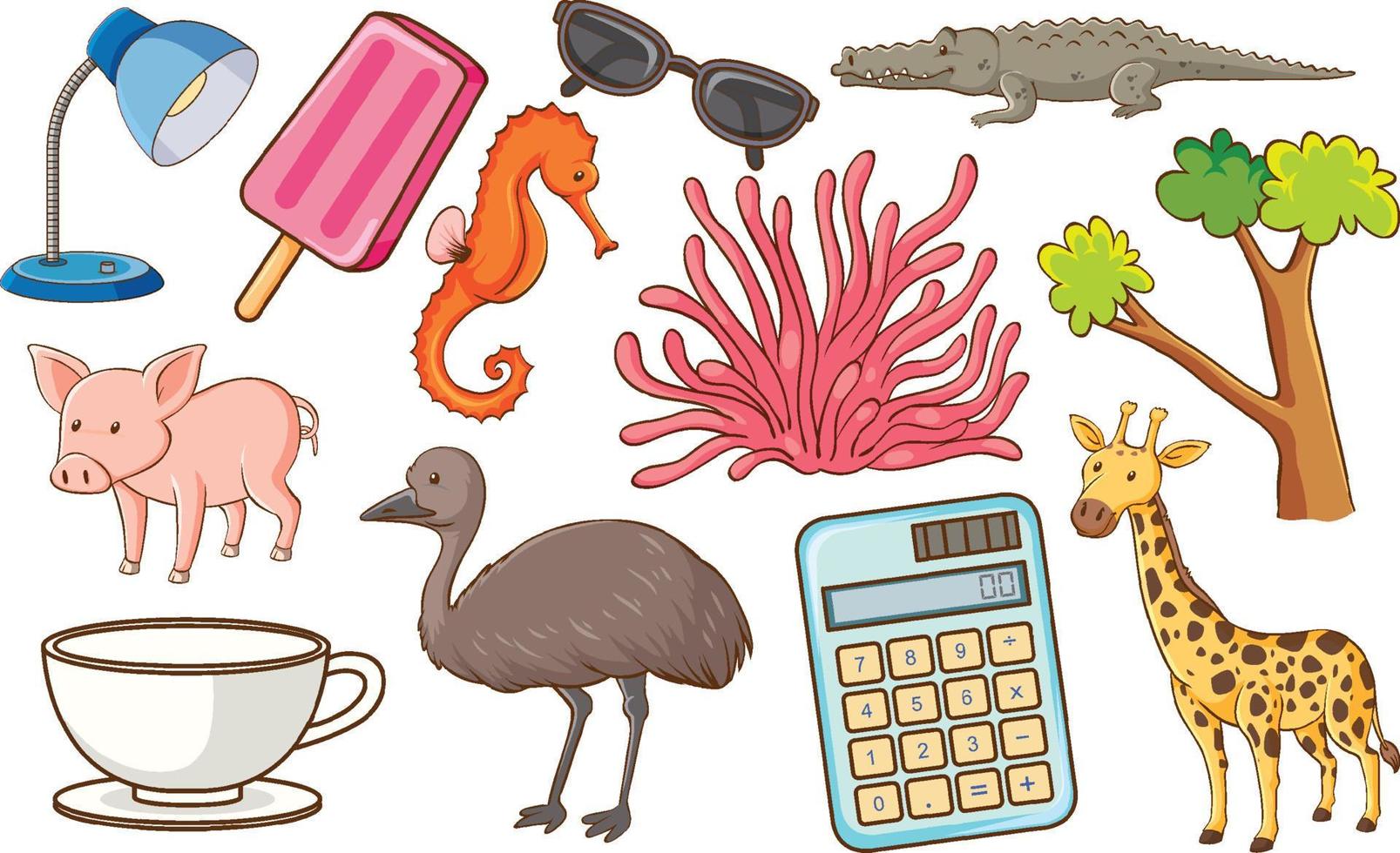 Set of various animals and objects vector