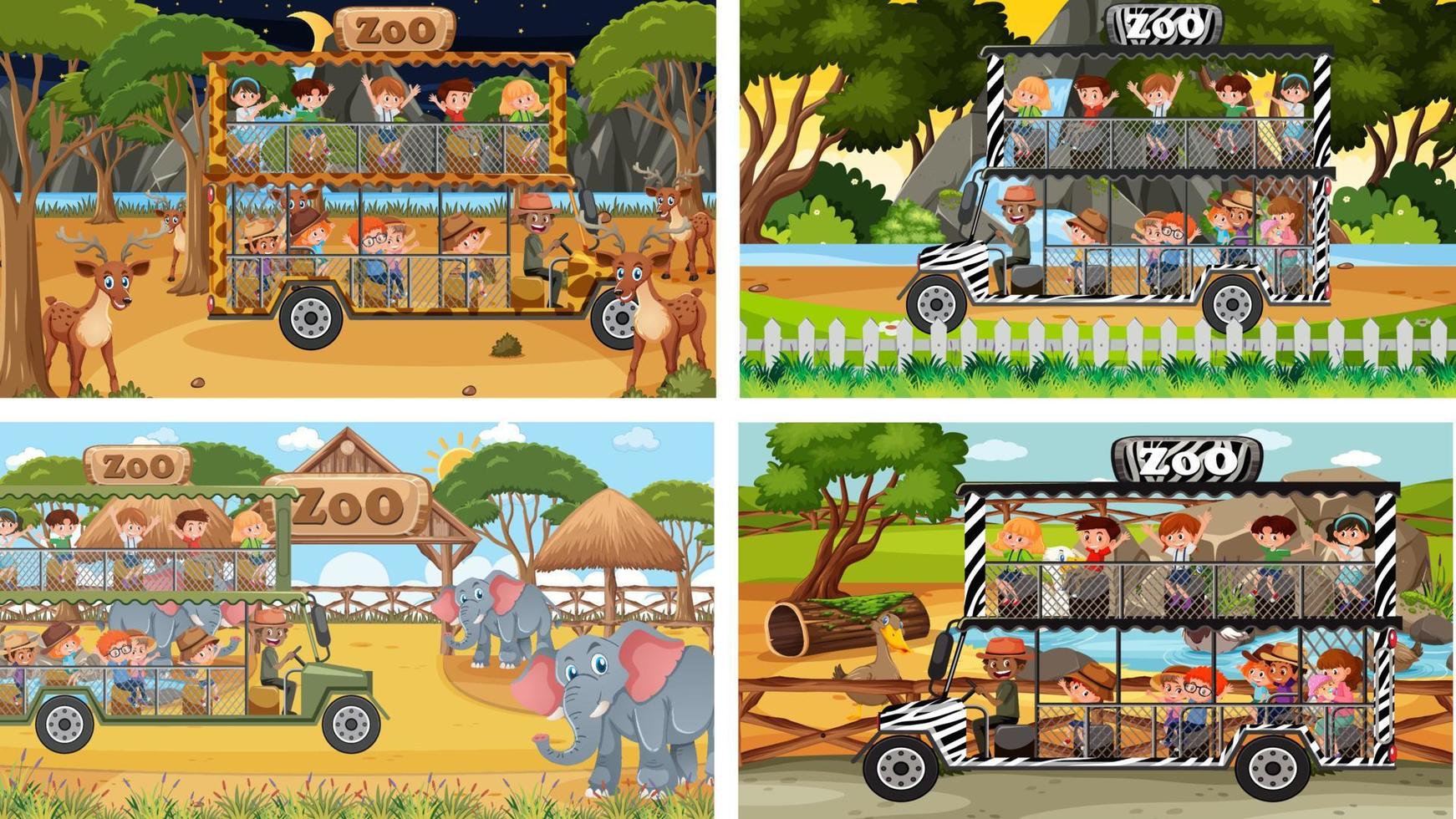 Set of different safari scenes with animals and kids cartoon character vector