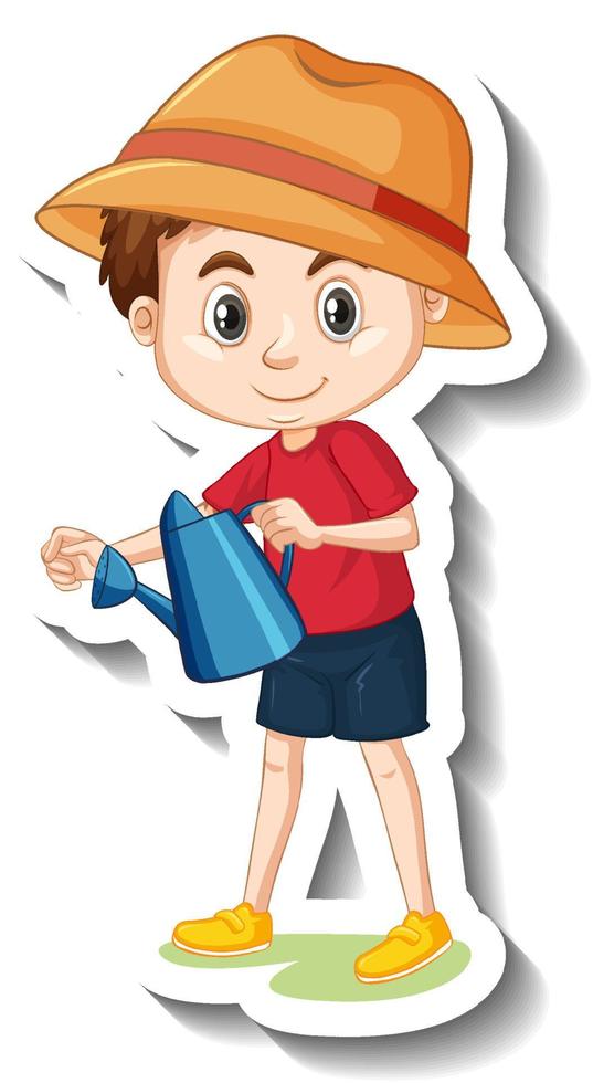 un niño sosteniendo una regadera pegatina de personaje de dibujos animados vector
