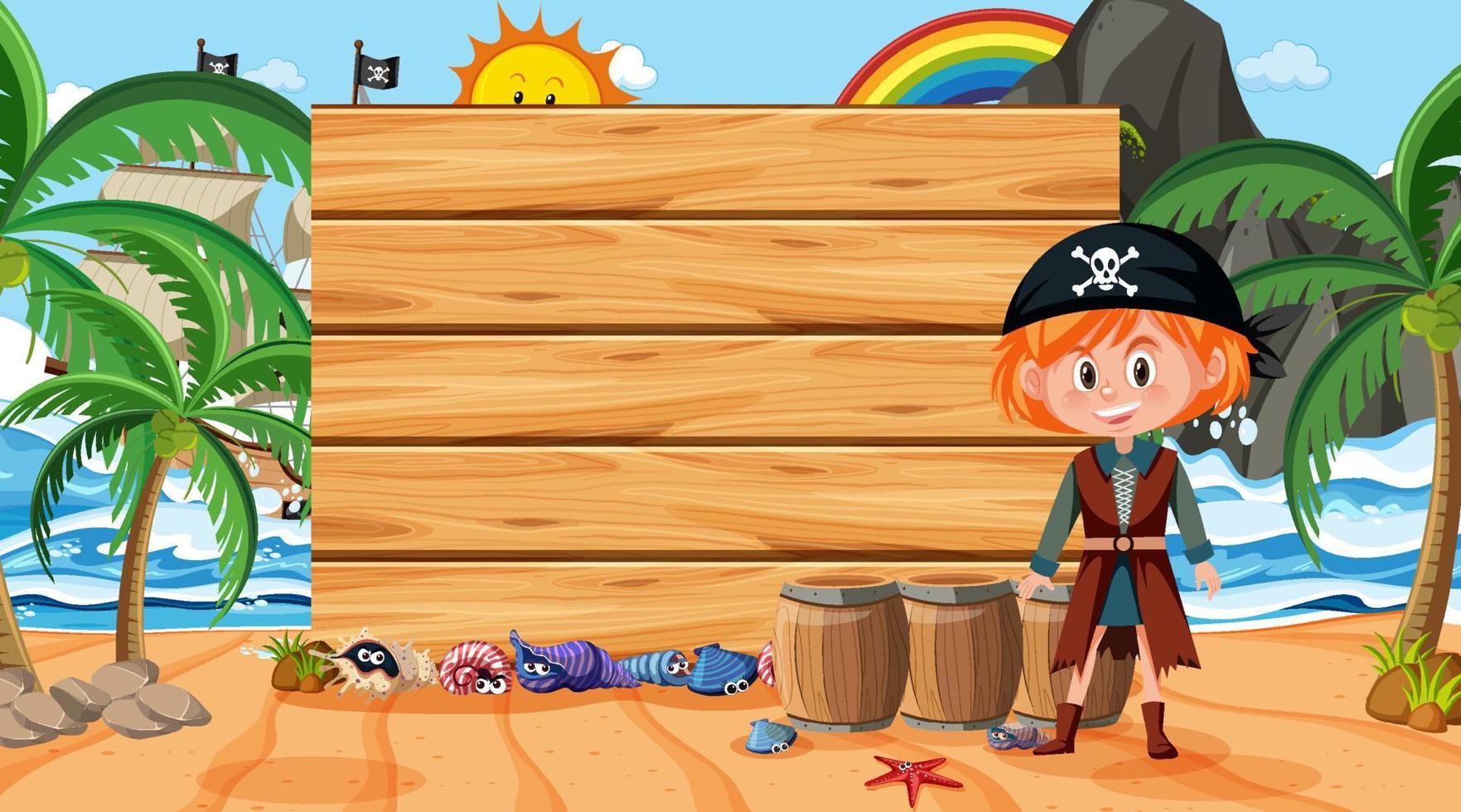 Chica pirata en la escena diurna de la playa con una plantilla de banner vacía vector