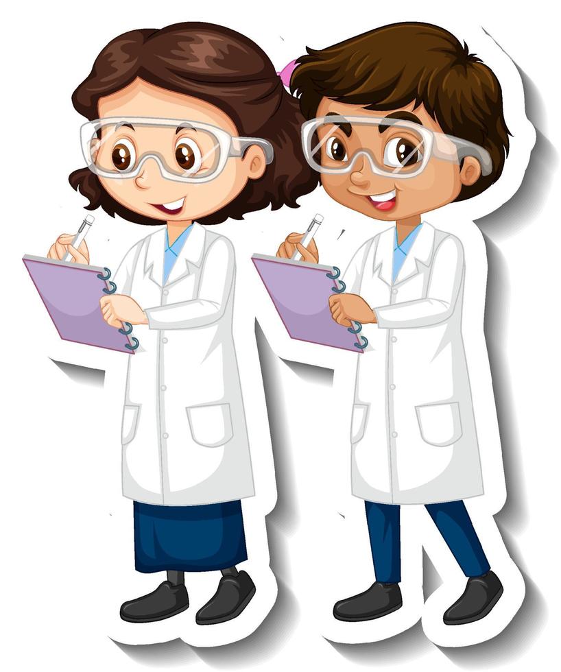 Cartoon character sticker with couple scientists in science gown vector