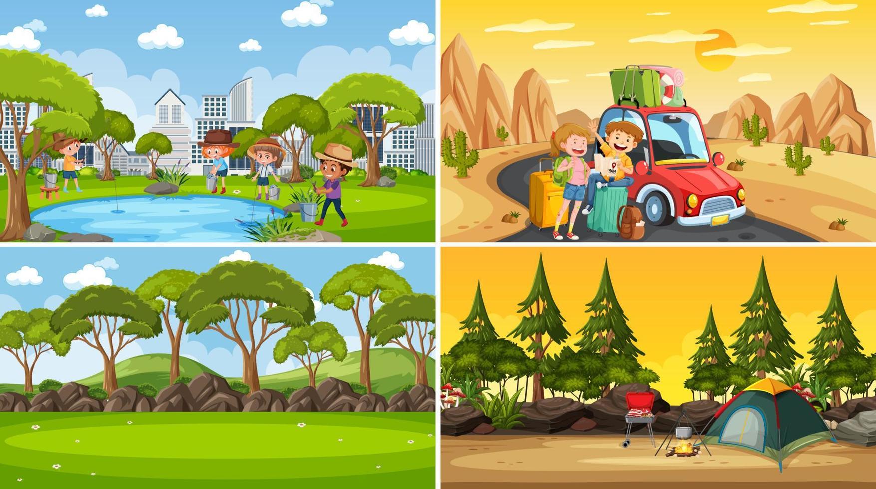 Set of different nature scenes cartoon style vector