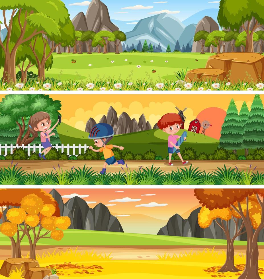 Different nature landscape at daytime scene with cartoon character vector