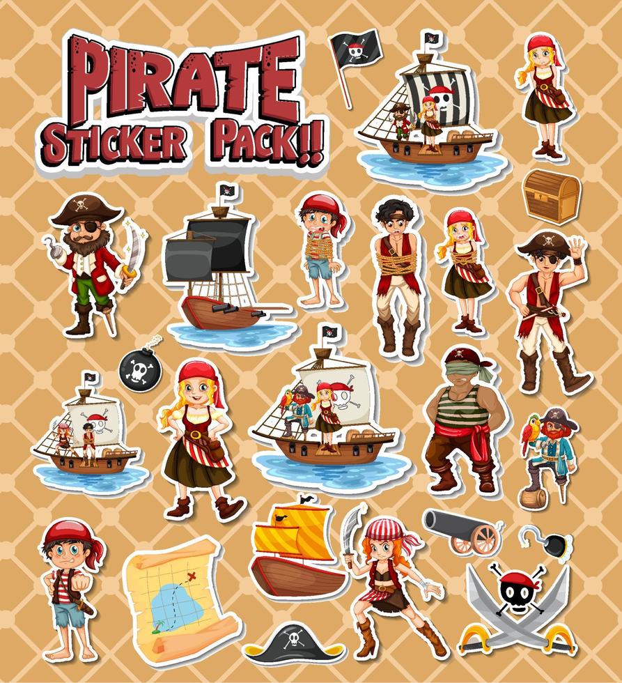 paquete de pegatinas piratas con personaje de dibujos animados aislado vector