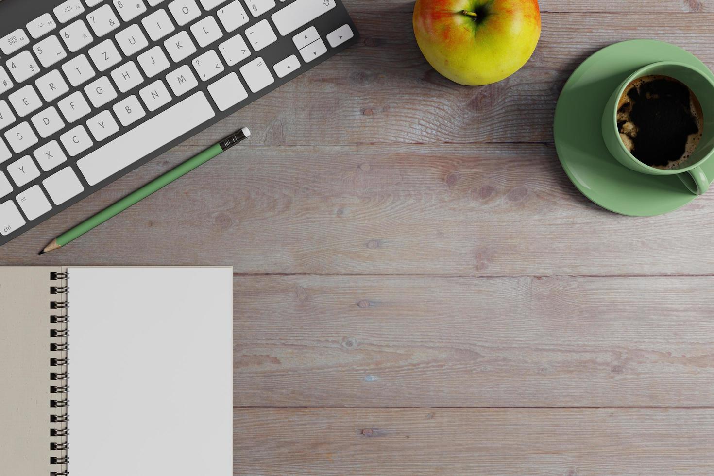 Workspace desk with notebook, keyboard and green cup of coffee on wood table. Top view flat lay with copy space. photo