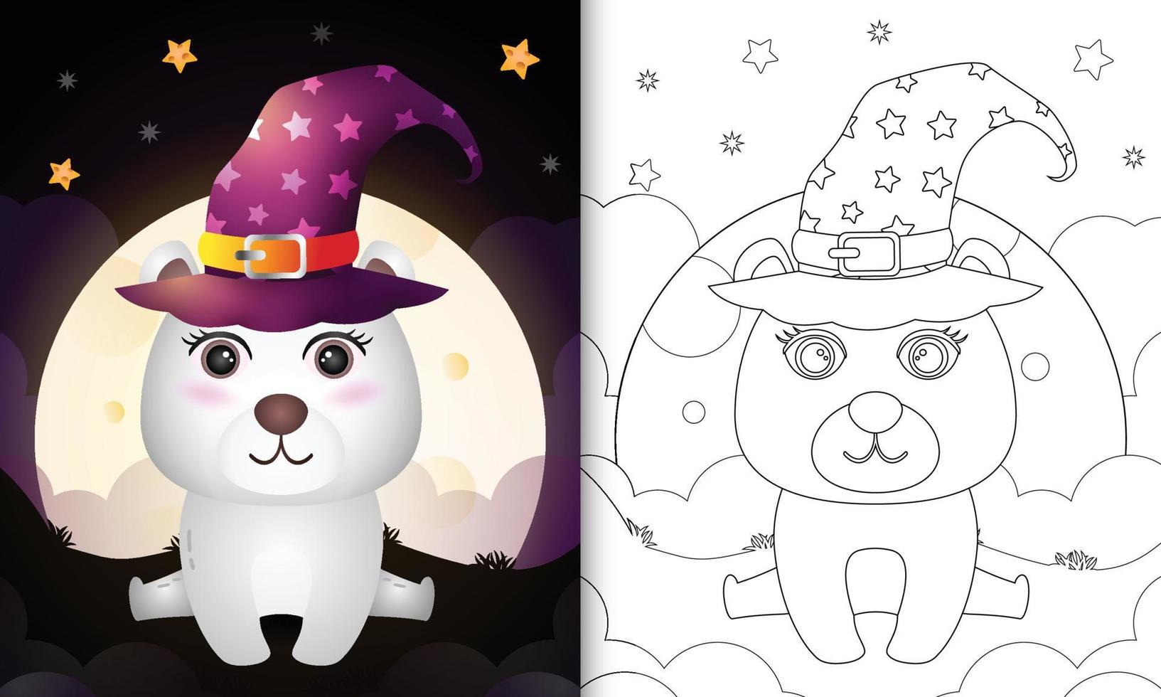 libro para colorear con una caricatura linda bruja de halloween oso polar frente a la luna vector