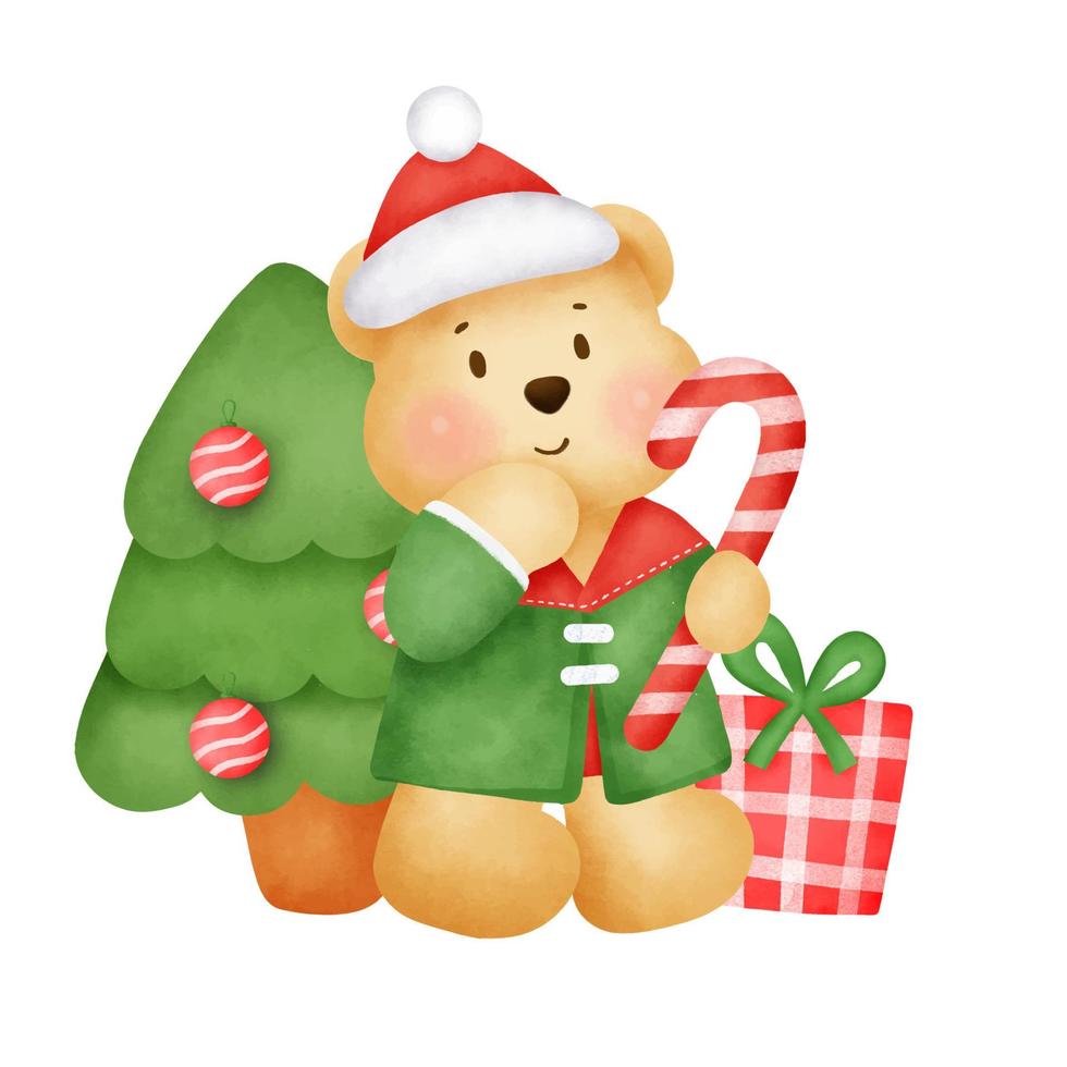 Christmas and New year greeting card with a cute teddy bear in watercolor style . vector