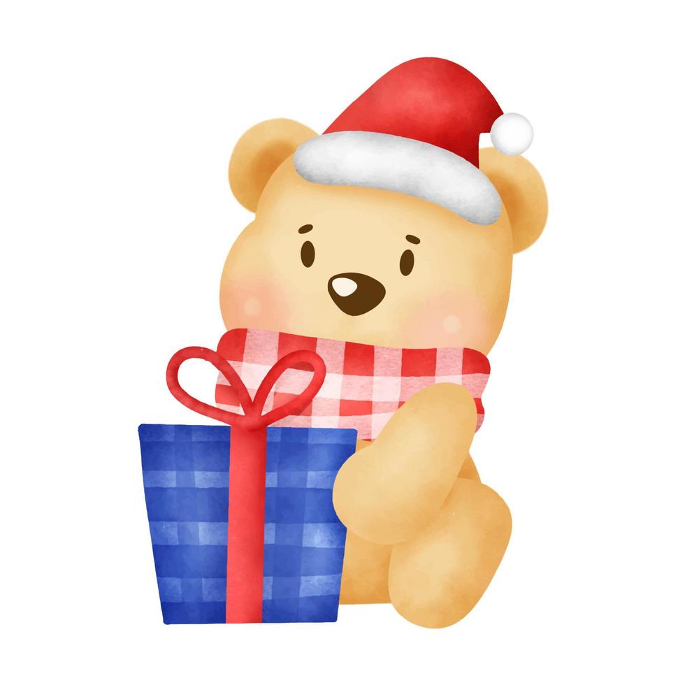 Christmas and New year greeting card with a cute teddy bear and christmas gift in watercolor style . vector