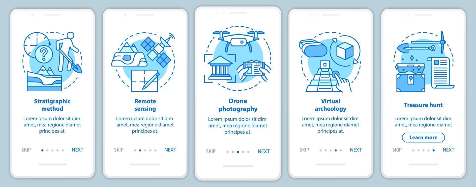 Archeology methods onboarding mobile app page screen vector template