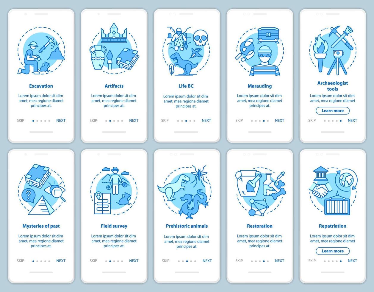 Archeology onboarding mobile app page screen vector template set