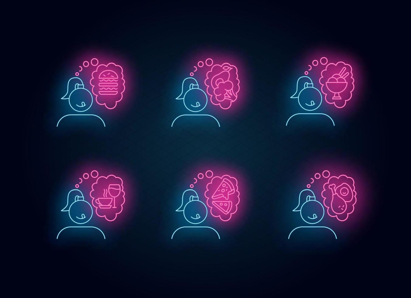 Food craving neon light icons set vector