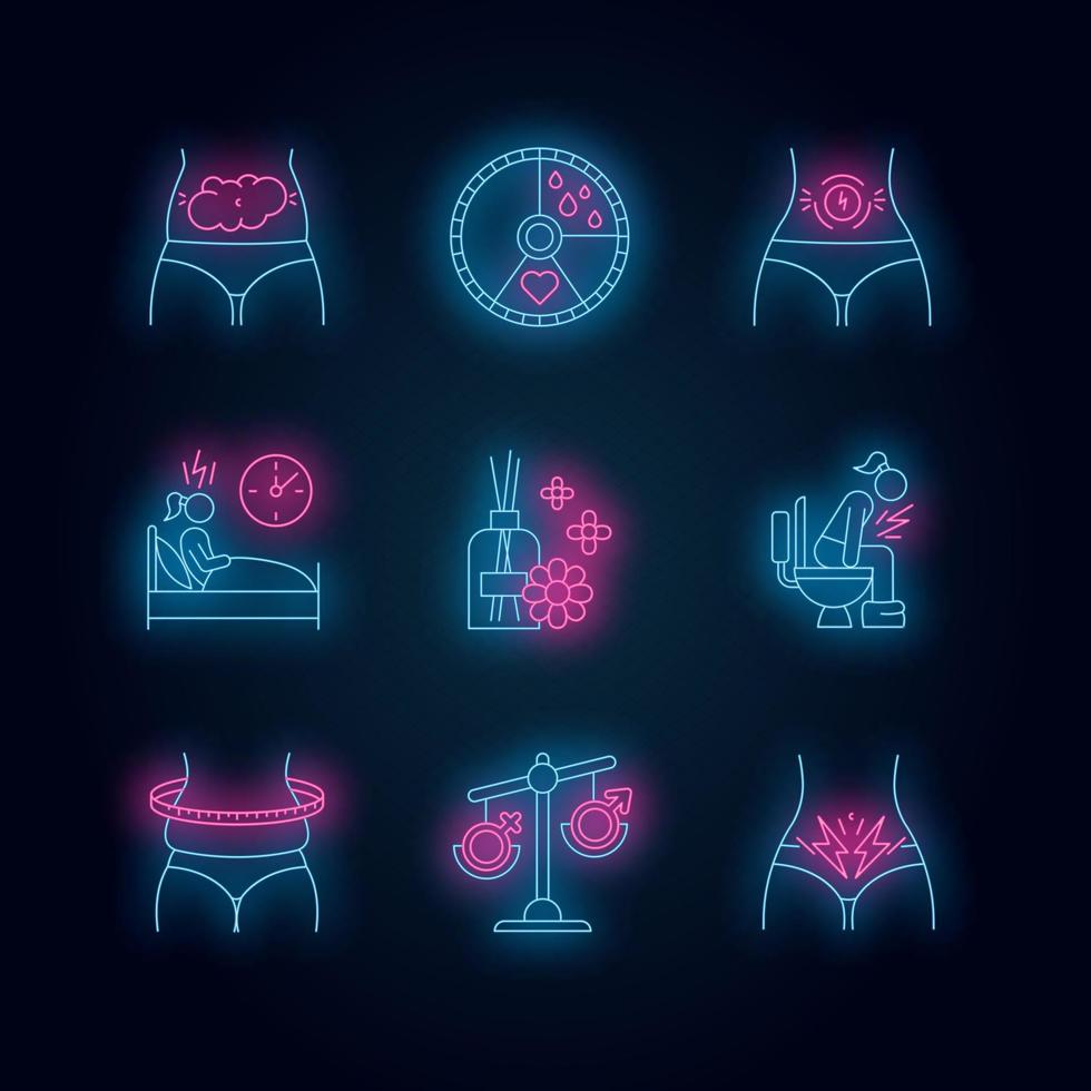 Menstrual cycle neon light icons set vector