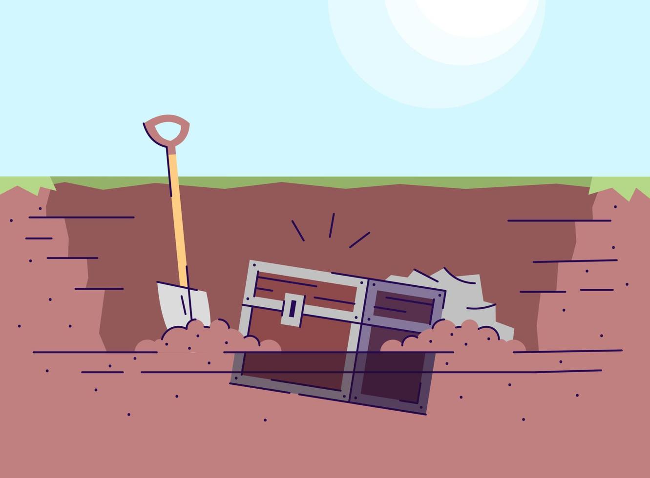Digging up treasure chest flat vector illustration
