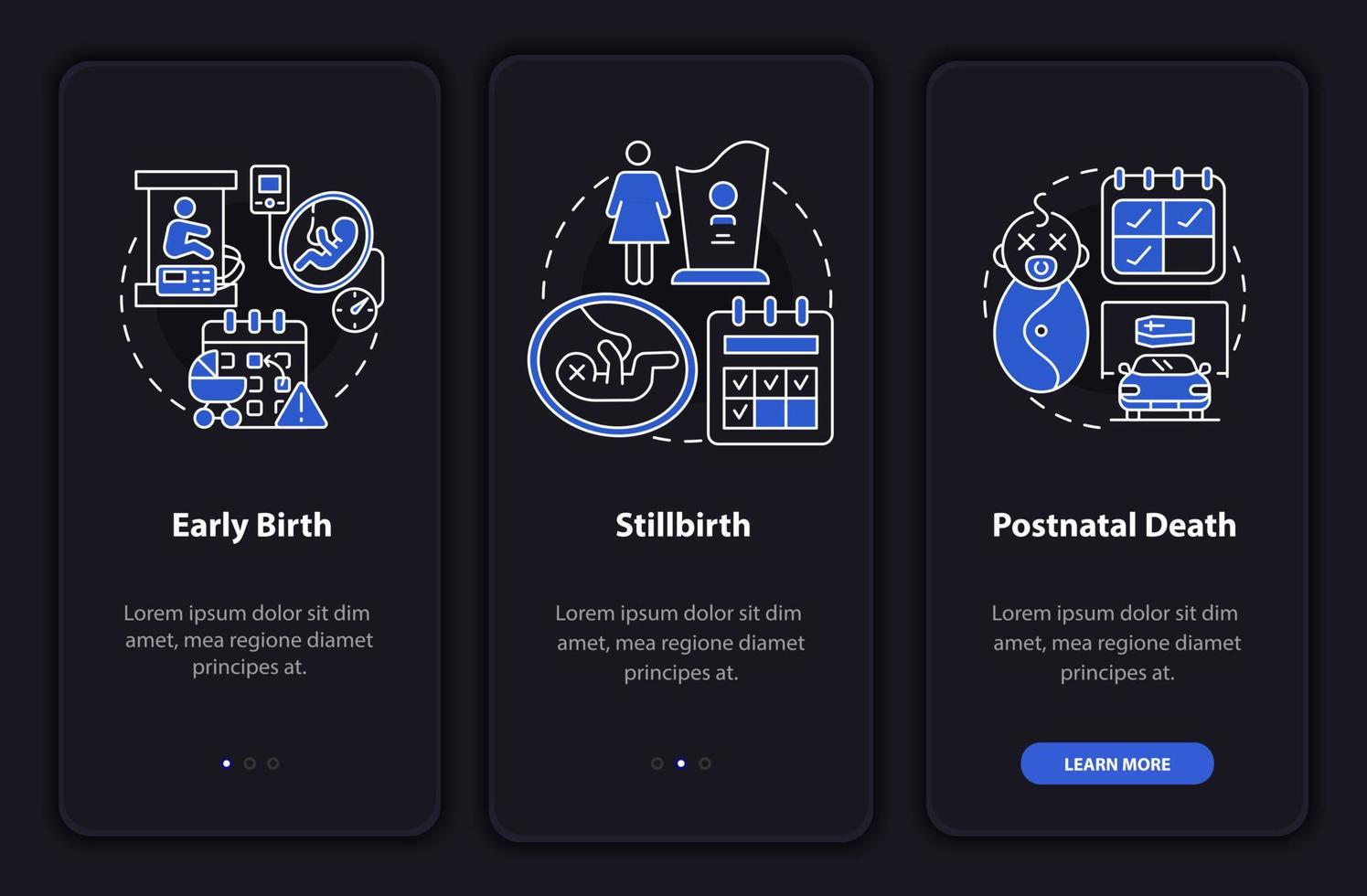 Maternity leave cases dark onboarding mobileapp page screen vector