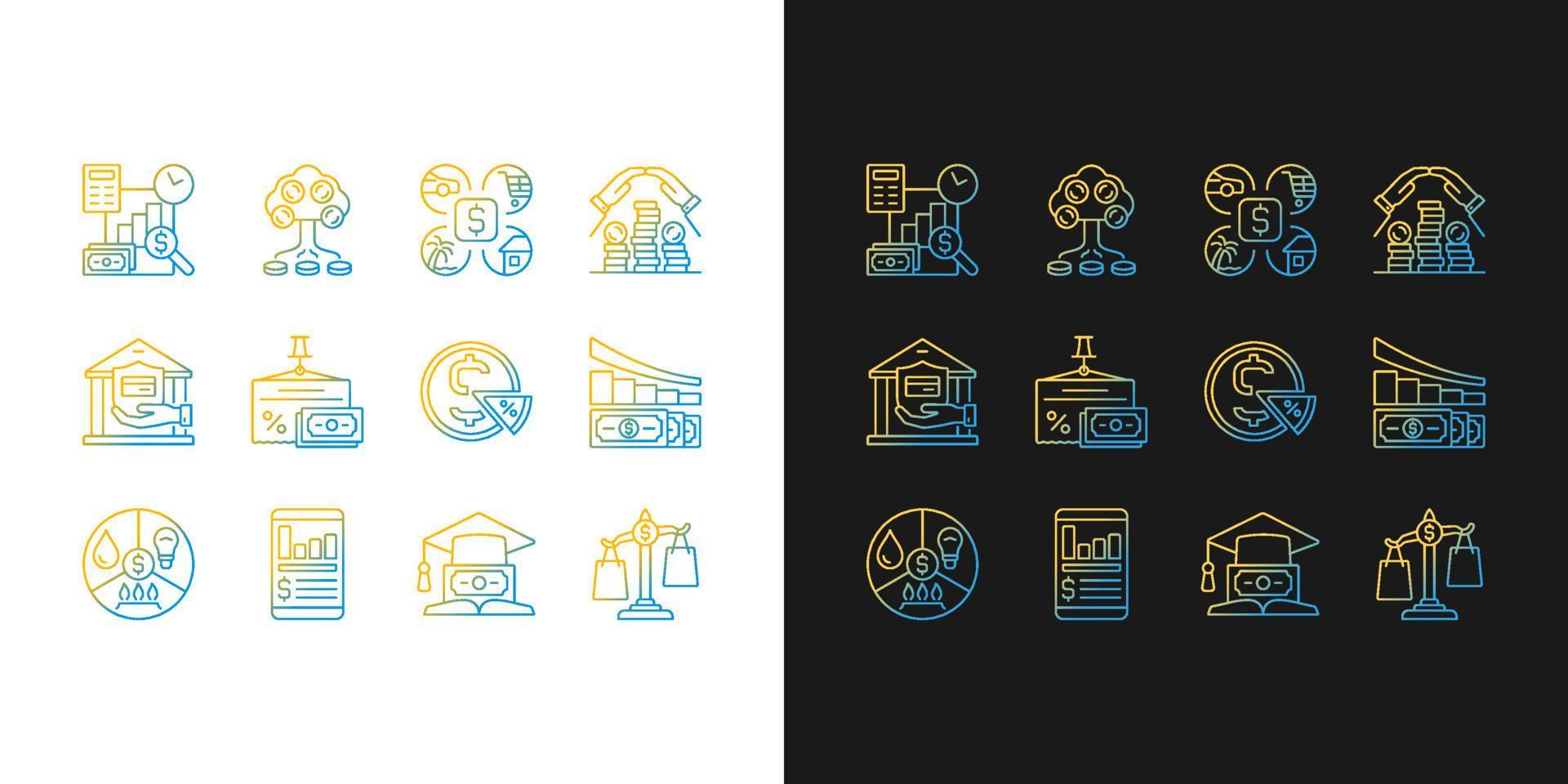 Financial literacy gradient icons set for dark and light mode vector