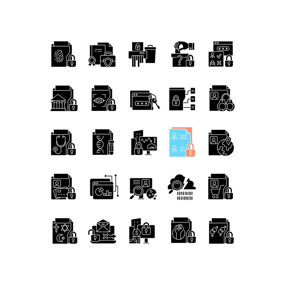 Sensitive information types black glyph icons set on white space vector