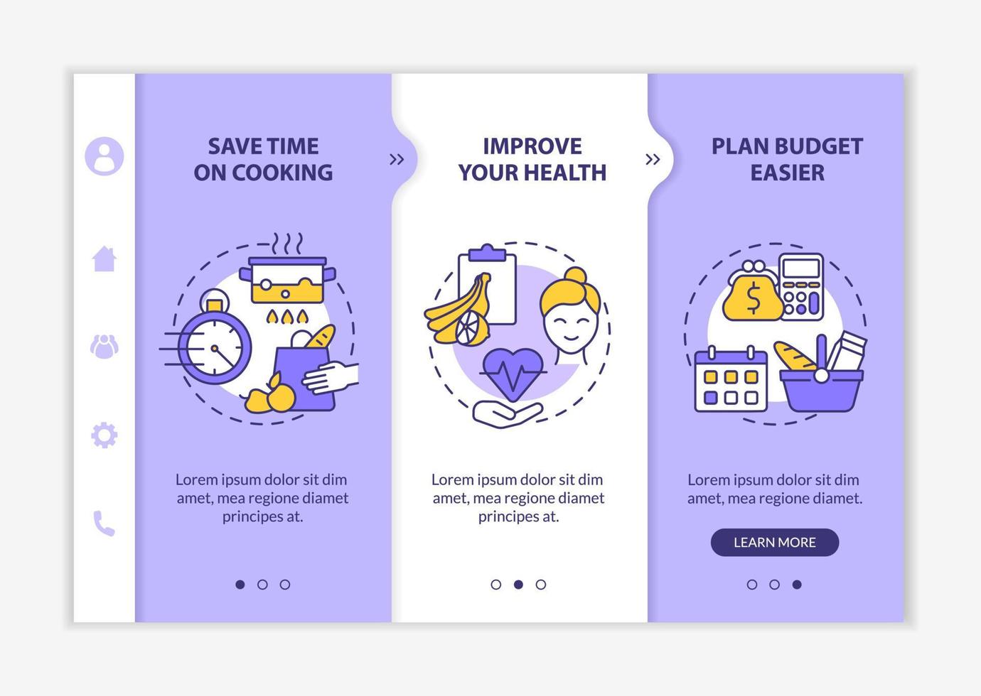 Reasons for meal planning purple onboarding vector template