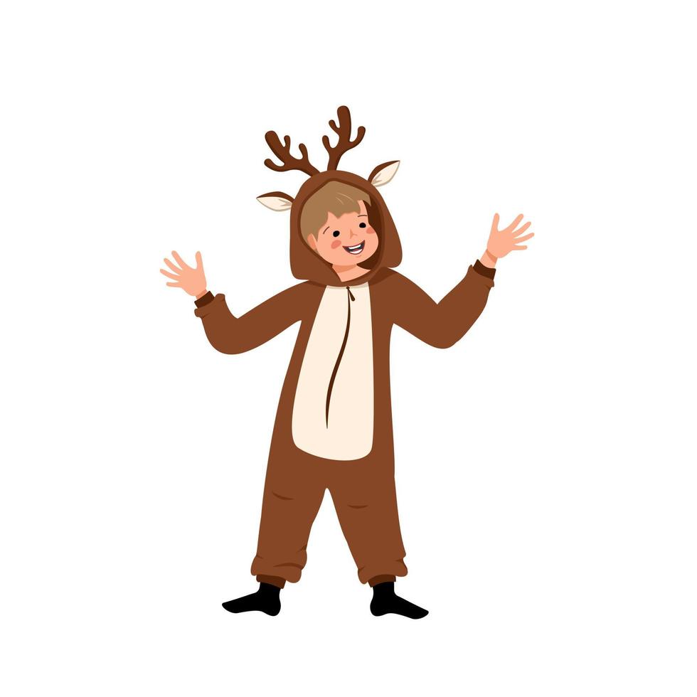 Boy in carnival costume of deer. Festive clothing for pyjama party, theatre, new year, Christmas or halloween. Child dancing with happy face and smile emotions vector