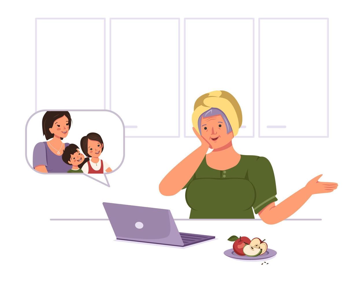 Happy grandma communicates with her family and grandchildren on laptop. Cute elderly woman is chatting through computer screen with relatives vector
