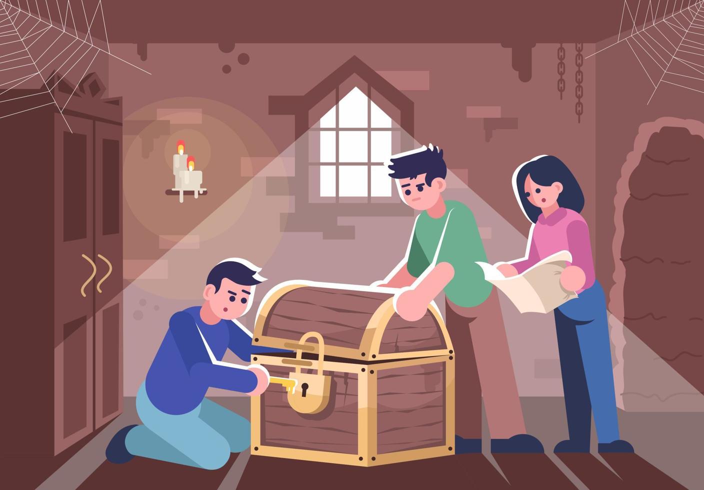 Friends opening closed chest flat vector illustration
