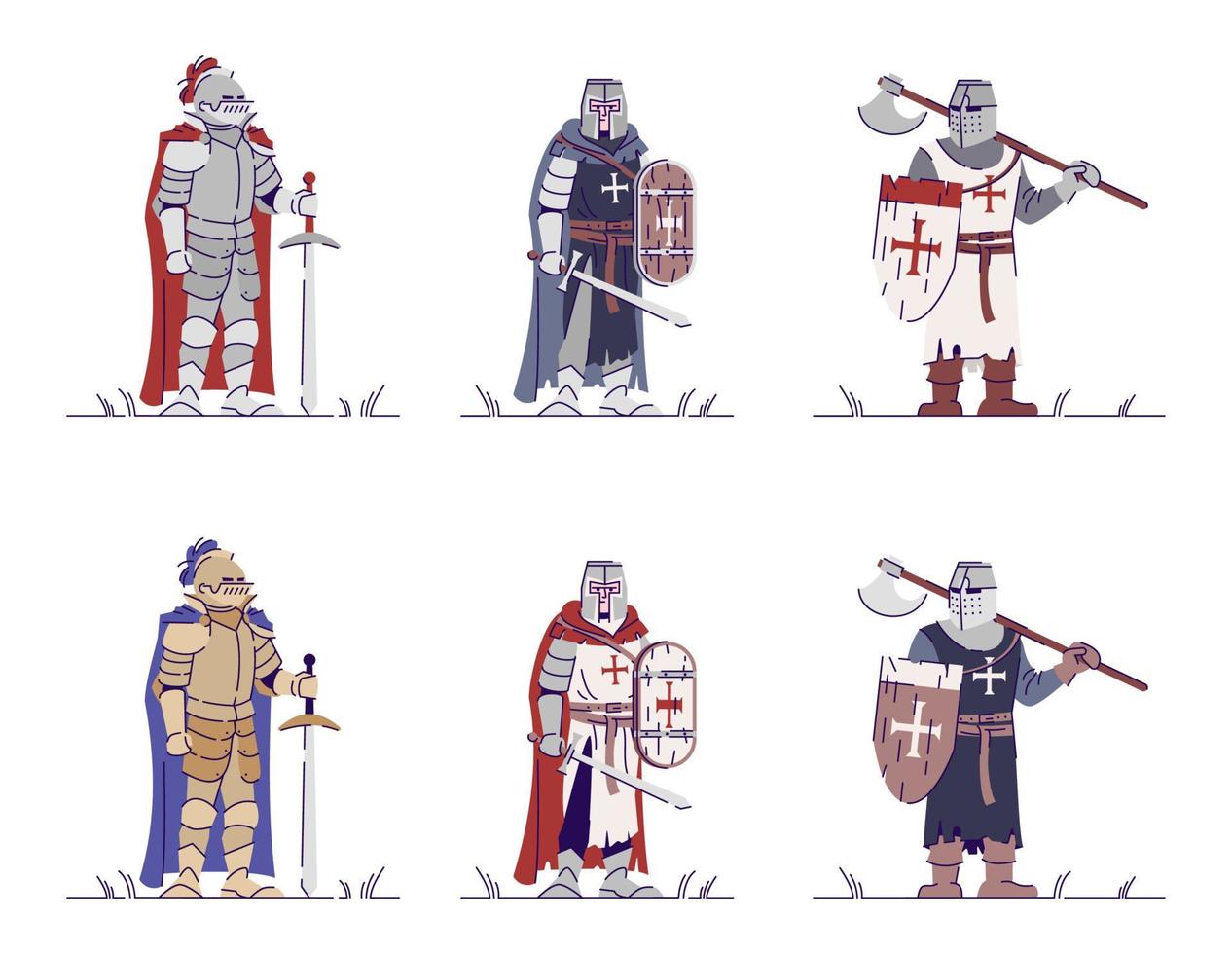 Conjunto de ilustraciones vectoriales planas de caballeros medievales vector
