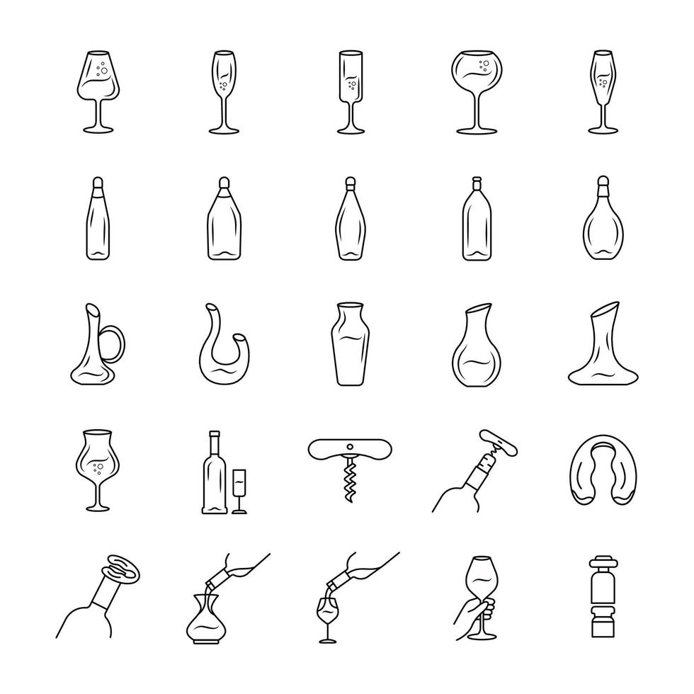 Wine service linear icons set vector