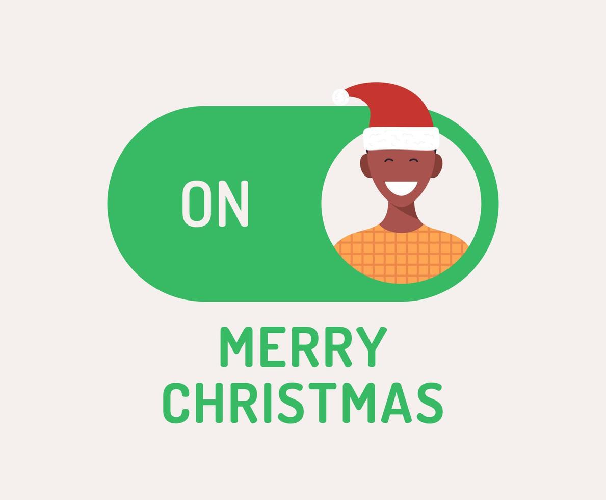 Greeting Christmas Card. Creative Merry christmas or new year concept mode switch toggle. Slider button on xmas Flat vector illustration with character person avatar on green button.