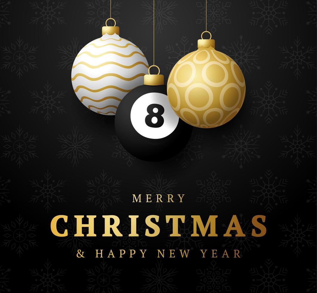 billar feliz navidad y próspero año nuevo tarjeta de felicitación deportiva de lujo. Pool 8 Ball como una bola de Navidad en el fondo. ilustración vectorial. vector