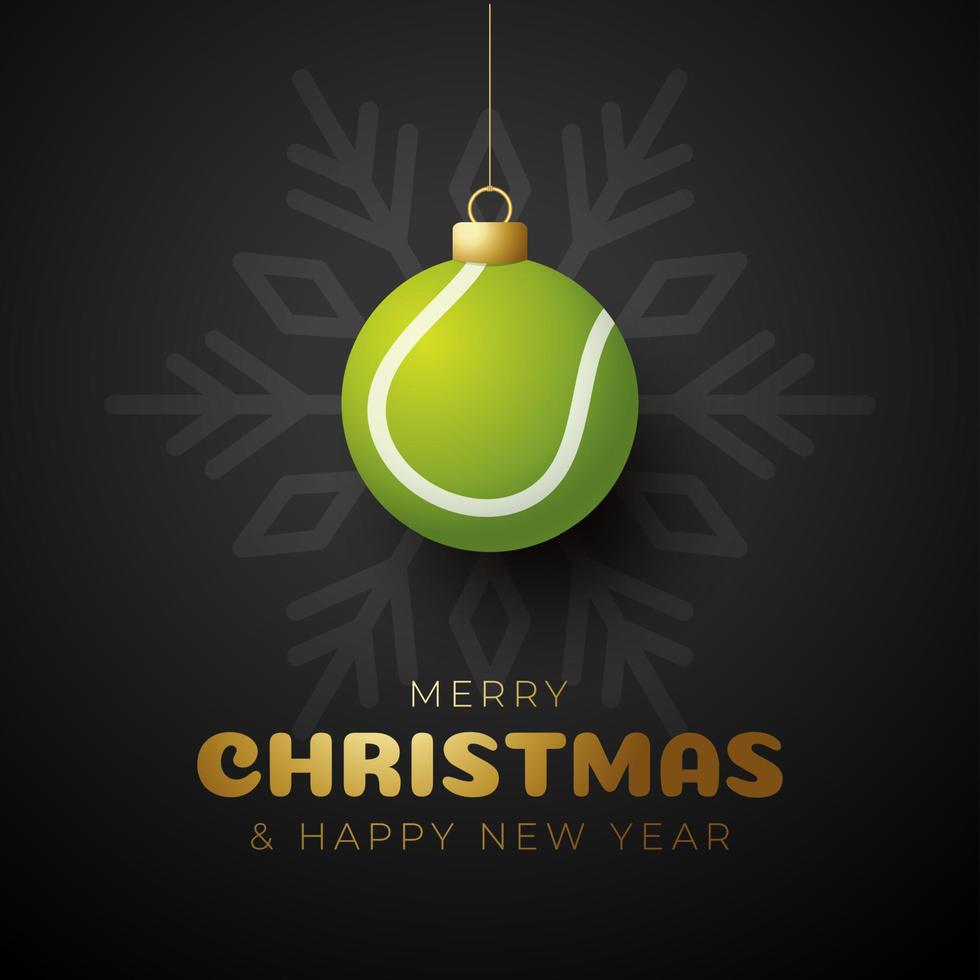 Tennis Merry Christmas and Happy New Year luxury Sports greeting card. Tennis ball as a Christmas ball on background. Vector illustration.