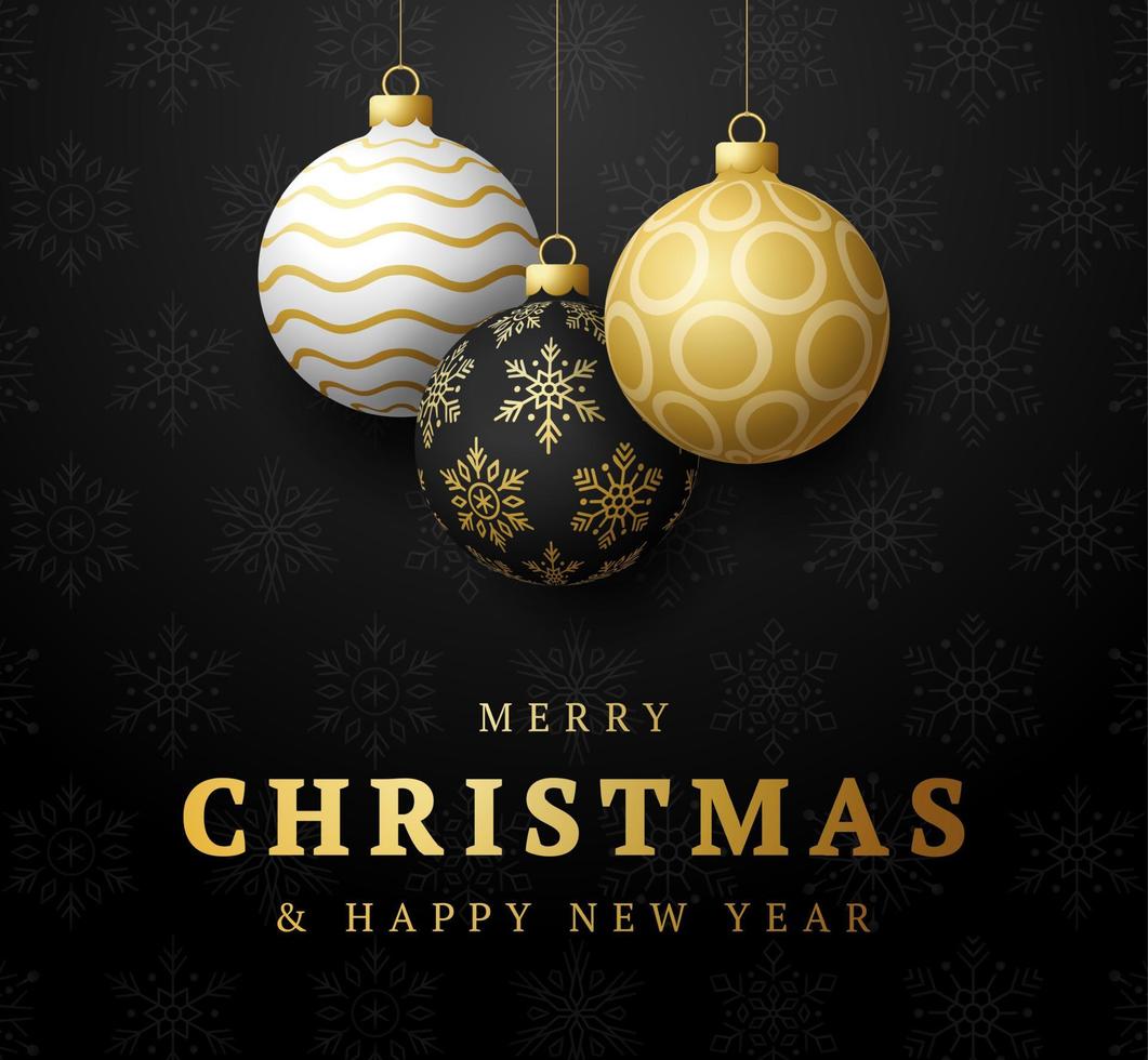 Merry christmas and happy new year banner. Vector illustration card with golden, black and white christmas tree ball on luxury snowflake background with modern lettering