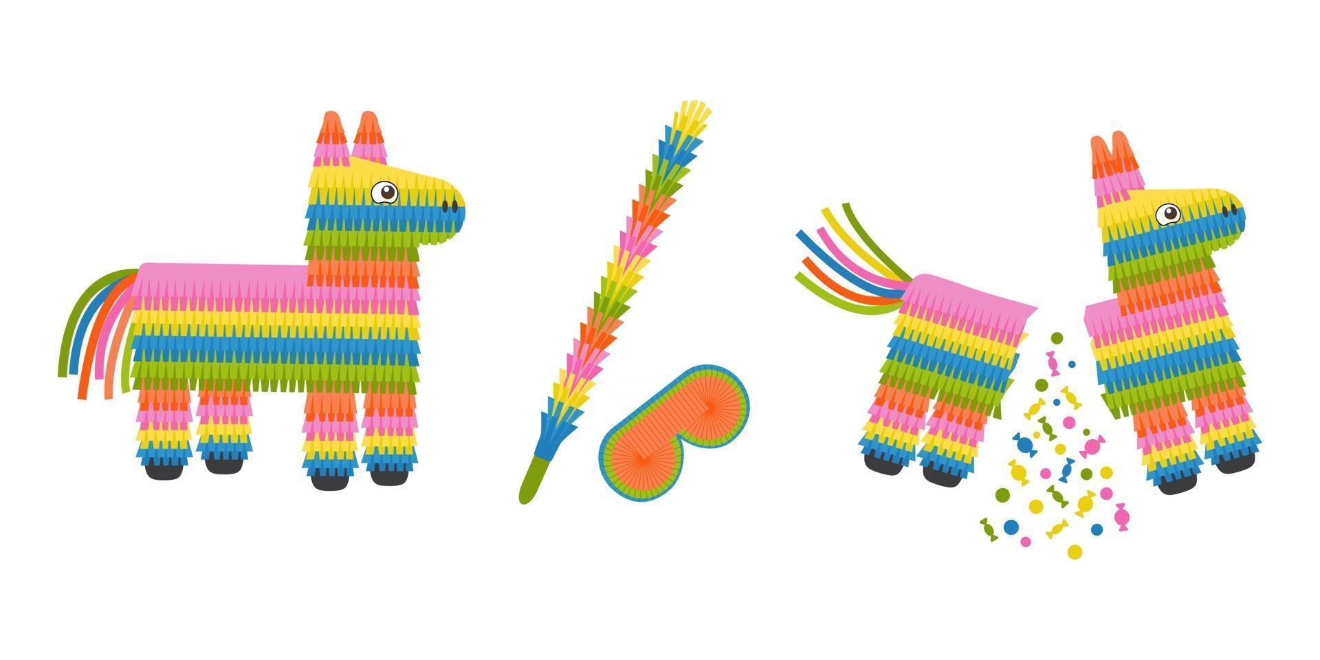 burro piñata entera y rota, llena y vacía. Juguete tradicional mexicano con dulces para fiesta de cumpleaños. vector