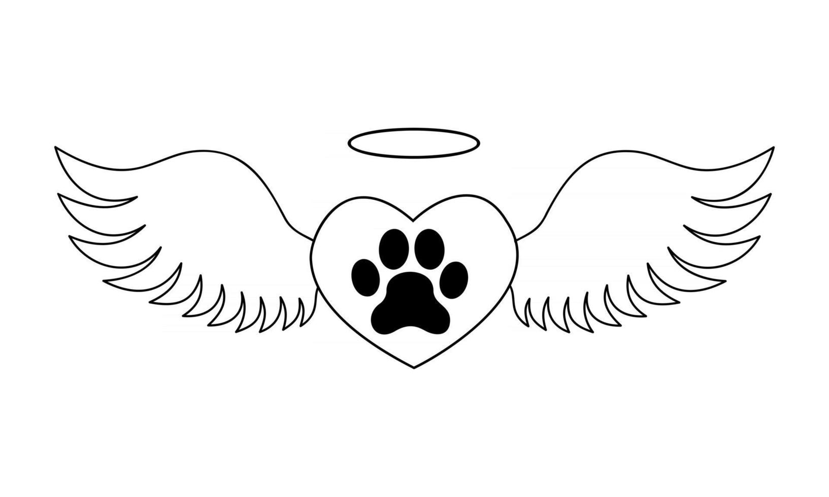Heart with dogs paw inside with angel wings and halo. Pet death memorial concept. Graphic design for tattoo, tshirt, memory board, tombstone vector