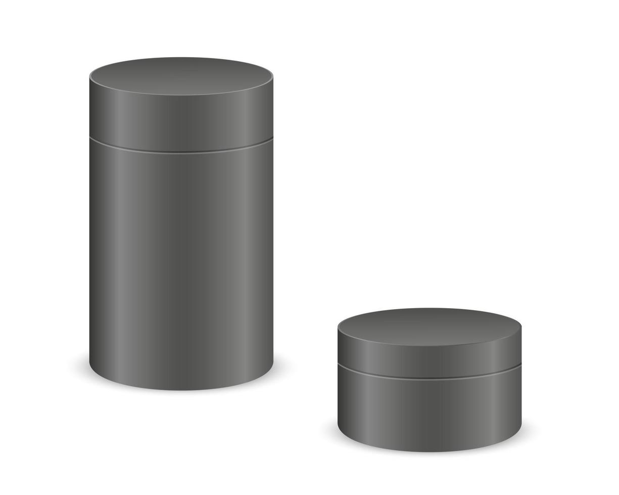 maqueta de cajas de cilindro negro. paquete de cartón de tubo para el diseño de productos. recipientes en blanco para regalos, comida, cosméticos, té, café vector