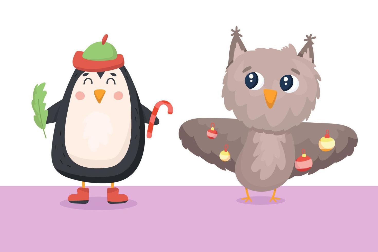 cute penguin and owl are preparing for the new year vector