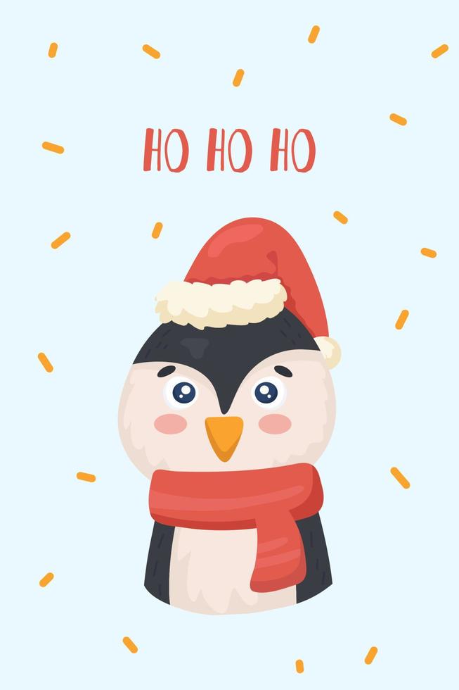 lindo cartel navideño con frase ho ho ho y pingüino vector