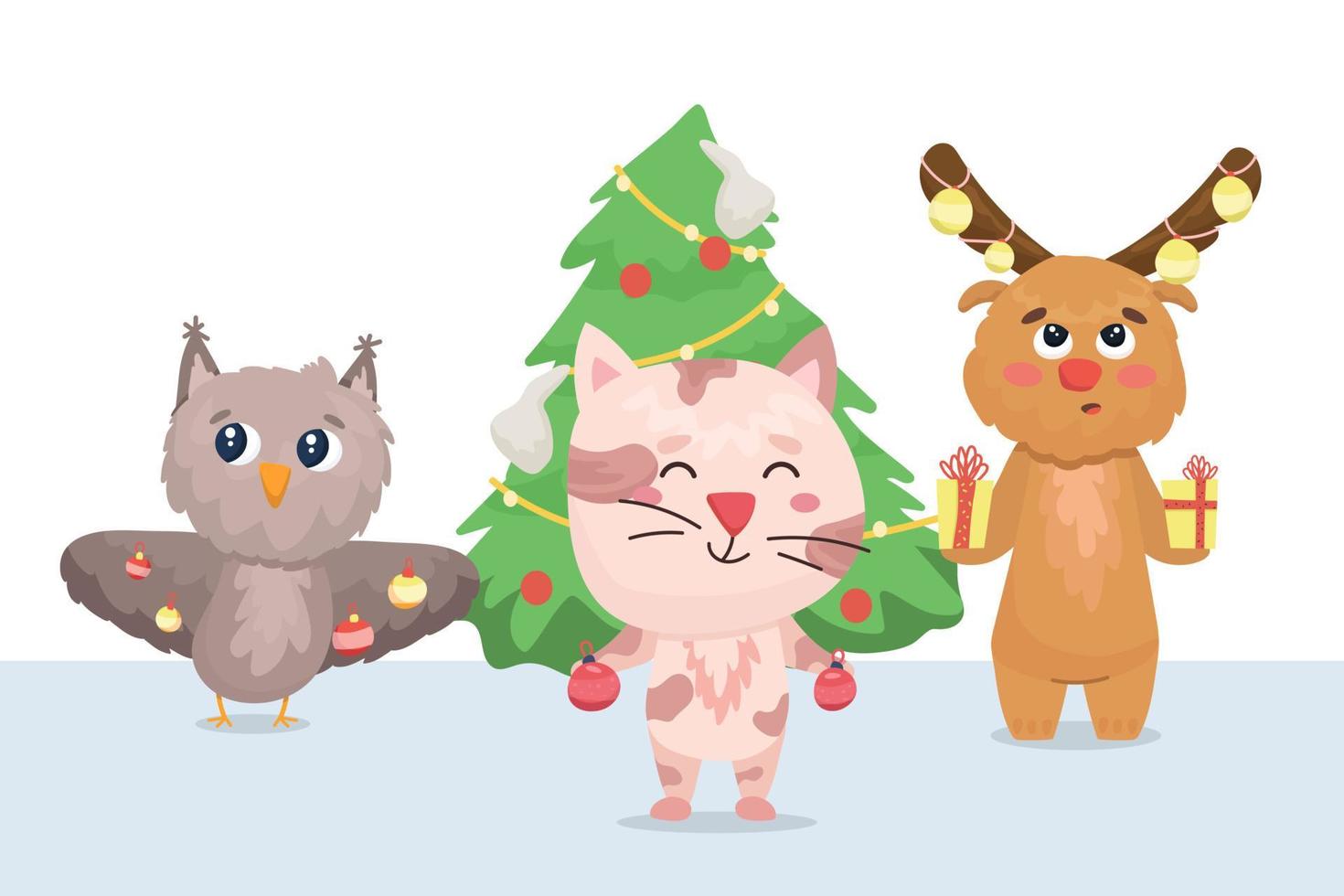 búho, gatito y alce decoran el árbol de navidad vector