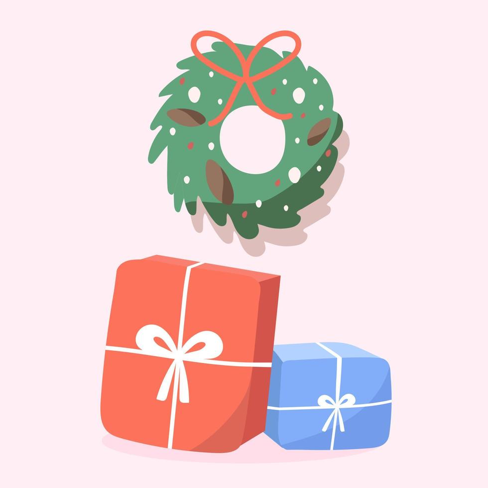 Christmas wreath on the wall and gifts vector