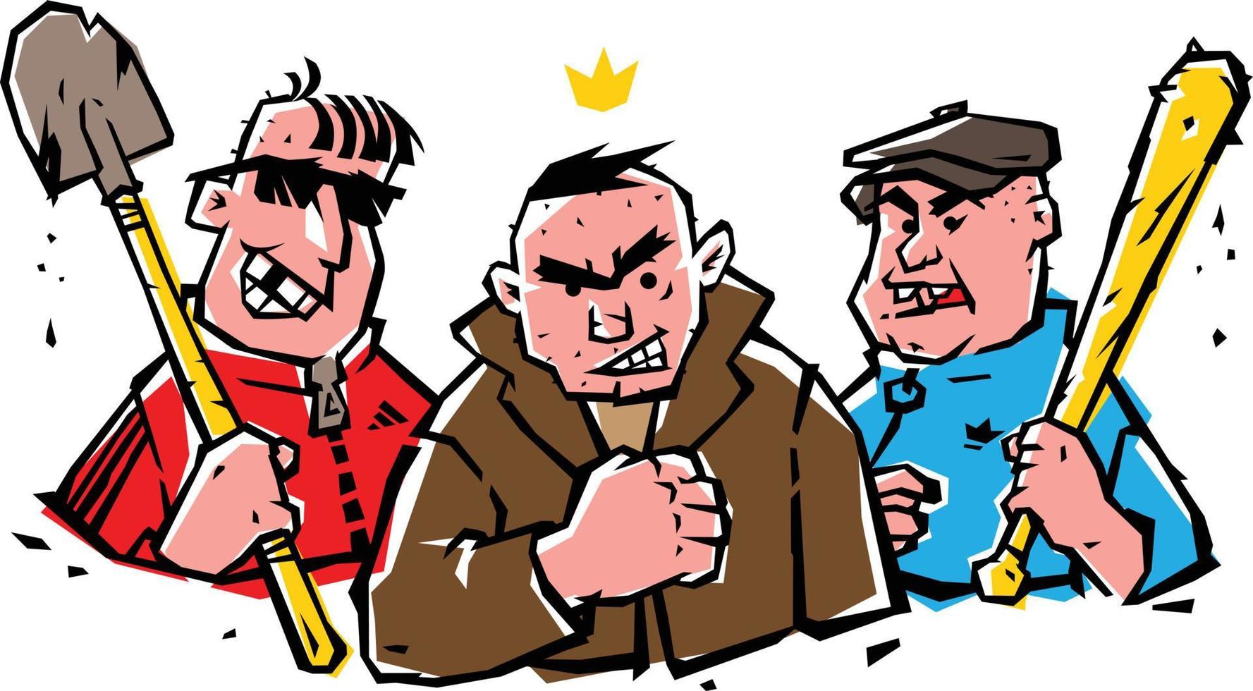 Illustration of bad guys. The guys are not hipsters. Image of cheerful hoodlums on a white isolated background. Illustration of Russian bandits in comic style. Street criminal grouping. vector