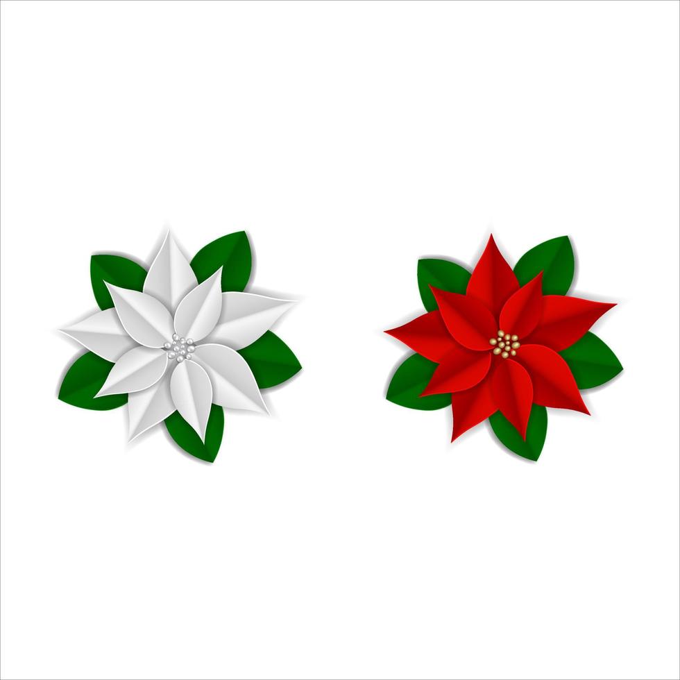Flores de pinsettia de papel rojo y blanco aisladas para decoraciones navideñas vector