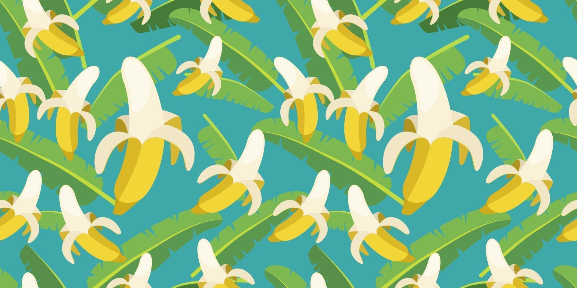 Seamless vector pattern of yellow bananas and Tropical banana leaf  randomly distributed isolated on dark background. Suits for Decorative Paper, Packaging, Covers, Gift Wrap, etc.