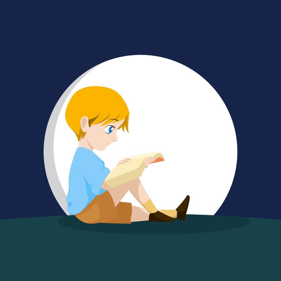 Little Boy Child Kid Sitting Reading Book Side View Vector Cartoon