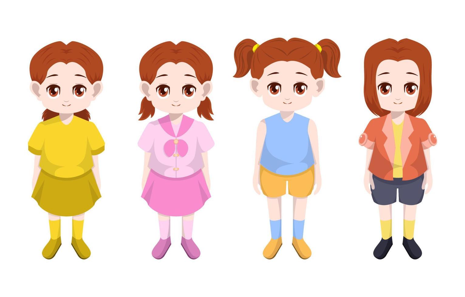 Little Girl Child Kid Standing Clothes Hair Front Vector Cartoon Set