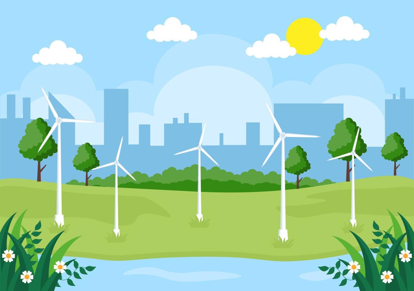 fuente de energía sostenible ecológica fondo vector ilustración plana edificios de la estación de la planta de energía con paneles solares, gas, geotermia, renovables, turbinas de agua y viento