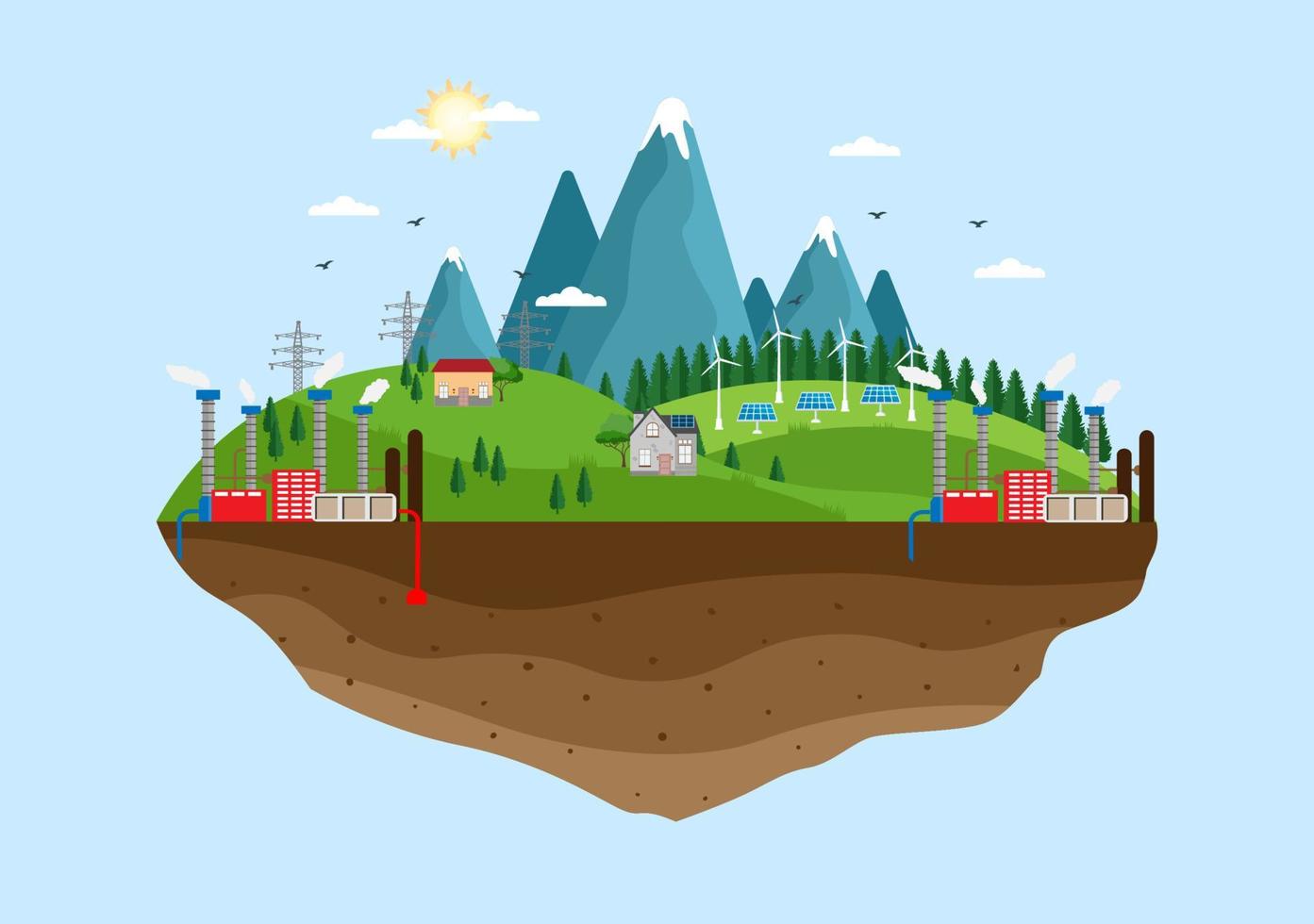 fuente de energía sostenible ecológica fondo vector ilustración plana edificios de la estación de la planta de energía con paneles solares, gas, geotermia, renovables, turbinas de agua y viento