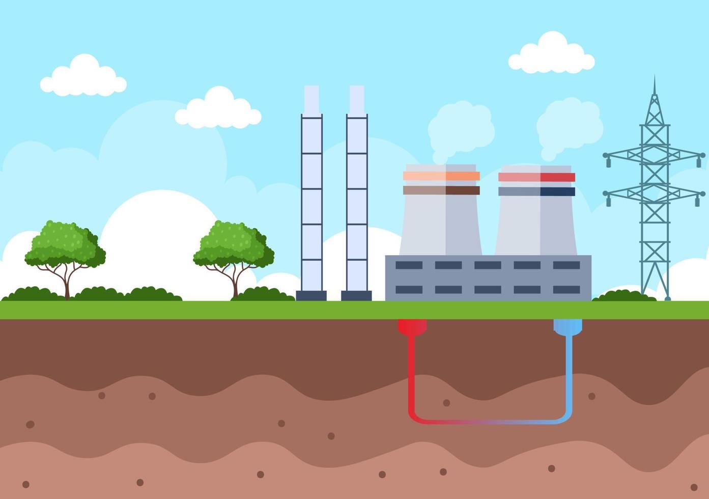 Ecological Sustainable Energy Supply Background Vector Flat Illustration Power Plant Station Buildings With Solar Panels, Gas, Geothermal, Renewable, Water and Wind Turbines