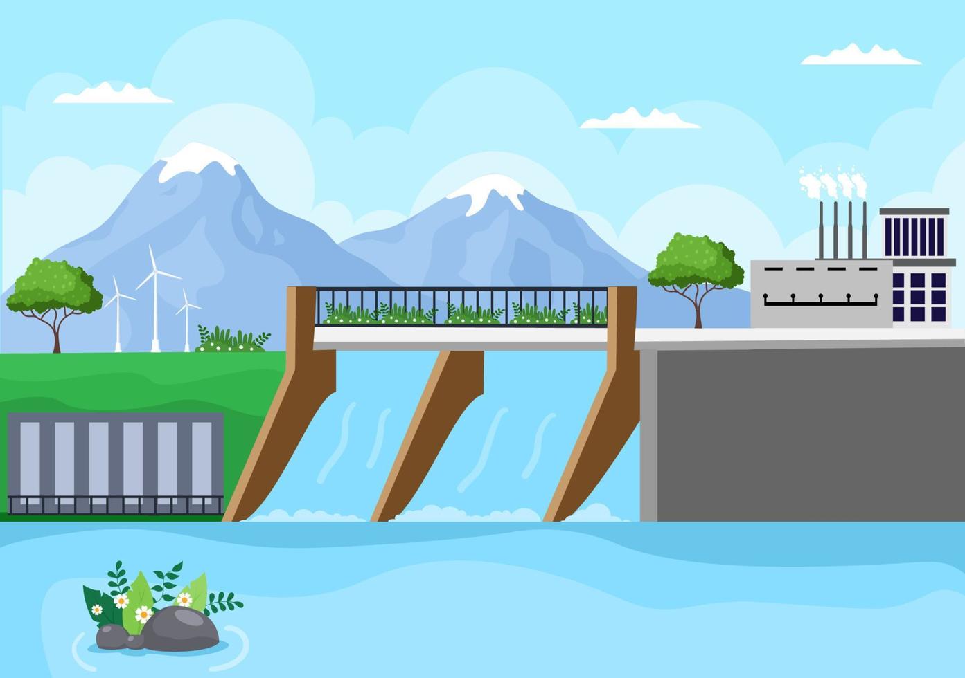 fuente de energía sostenible ecológica fondo vector ilustración plana edificios de la estación de la planta de energía con paneles solares, gas, geotermia, renovables, turbinas de agua y viento