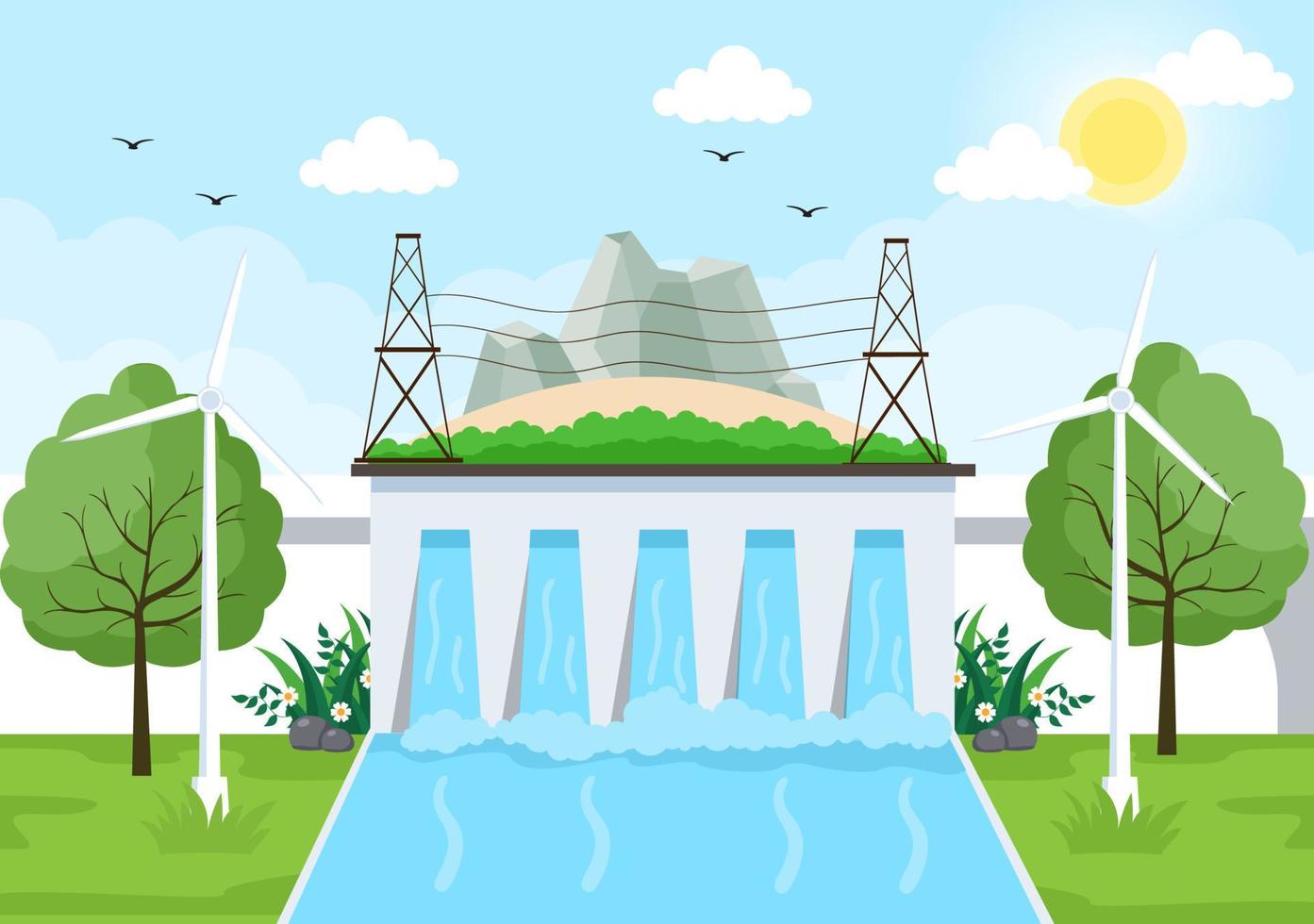 fuente de energía sostenible ecológica fondo vector ilustración plana edificios de la estación de la planta de energía con paneles solares, gas, geotermia, renovables, turbinas de agua y viento