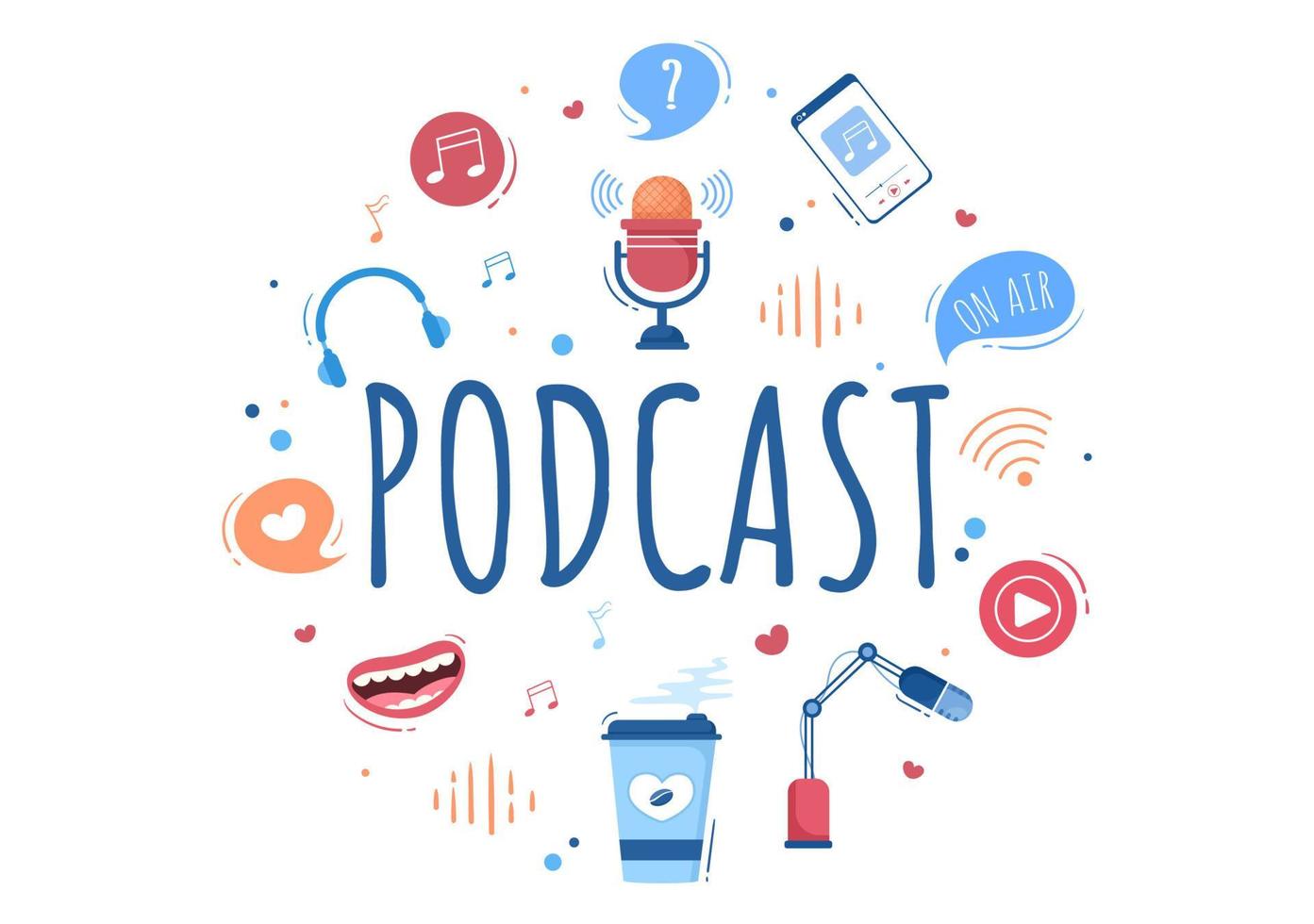 Ilustración de vector de fondo de podcast personas que usan auriculares para grabar audio, anfitrión entrevistando a invitado o programa en línea con equipo de grabación de sonido y concepto de micrófono